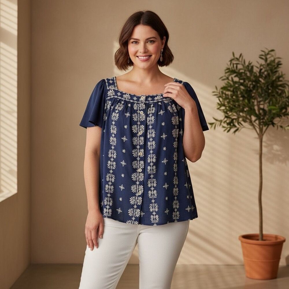 Torrid Navy Blue Linen Embroidered Swing Top Sz 2X